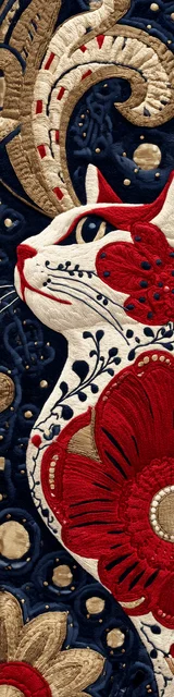 Cat bookmarks featuring navy blue velvet with cream and red and white cat